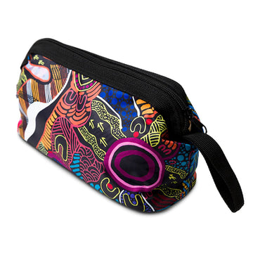 Side angle view of a cosmetic bag printed with artwork by Justin Butler with a black zip along the top.