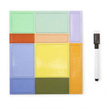 Package of memo magnets with colorful magnetic strips and a marker, featuring the brand 'inkerie'.