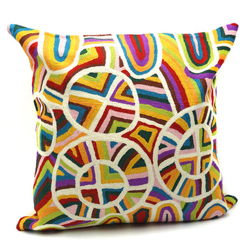 A square cushion made from wool and printed with artwork by Samuel Miller in different colours.