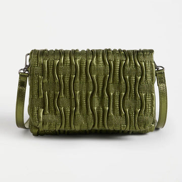 Green metallic textured handbag on a white background.