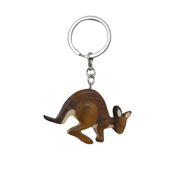 A timber keyring in the shape of a kangaroo standing.
