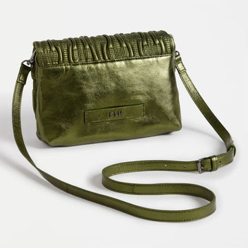 Green metallic textured handbag on a white background.