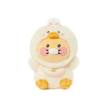 Plush toy resembling a duck in a white outfit on a white background.