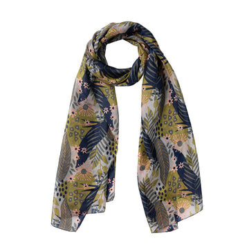 A silk scarf printed with flowers and leaves in navy, green and pink.
