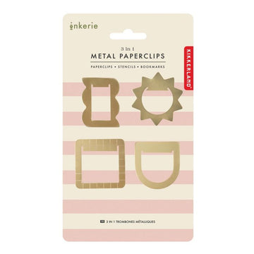 A set of metal paperclips with geometric designs on a striped background