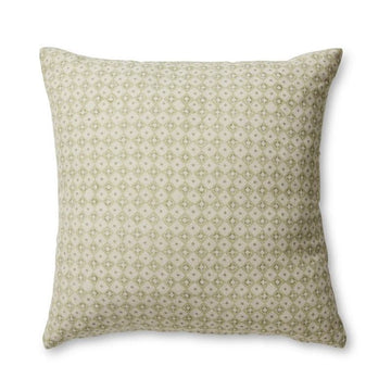 A square cushion printed with a diamond print in light green.