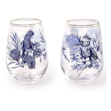 A set of two glass tumblers each illustrated with different birds and flowers in dark blue.
