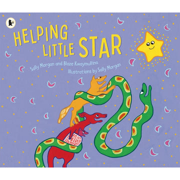 'Helping Little Star' book cover featuring an illustration of green snake wrapped around a red kangaroo and an orange dingo following a bright yellow star.