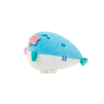Plush toy with a blue top half, white bottom half, pink cheeks, and green fins on a white background.