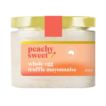 A jar filled with mayonnaise and a product label with the text 'Peachy Sweet Whole Egg Truffle Mayonnaise'. 