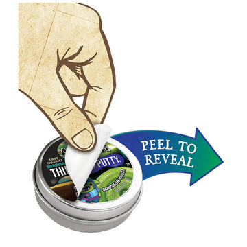 A paper hand is removing a label from a small tin to show which type of putty is inside.