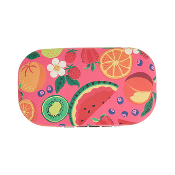 A small hard shell container illustrated with fruits.