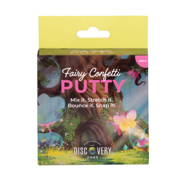 A box titled 'Fairy Confetti Putty' with an illustration of a large tree covered with flowers and moss surrounded by butterflies.