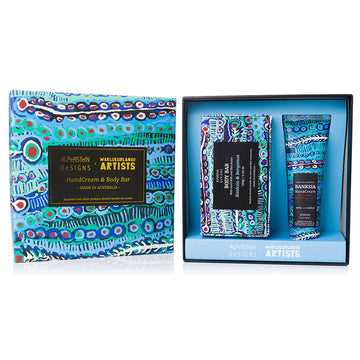 A box set of a body bar and tube of hand cream. All items are printed with artwork by Murdie Morris in blue.