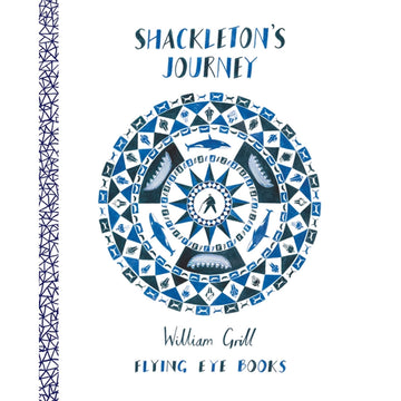 'Shakleton's Journey' book cover featuring a blue and white design on the front in a circular shape.