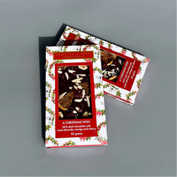 Two chocolate packaging boxes with festive designs on a gray background.