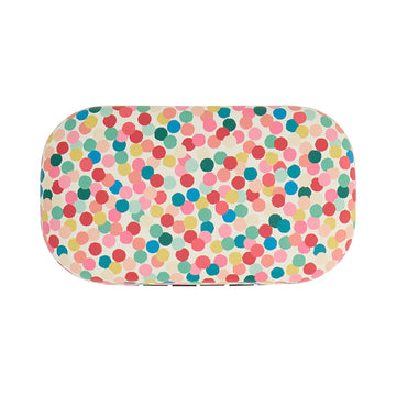 A small hard shell container illustrated with colourful dots.