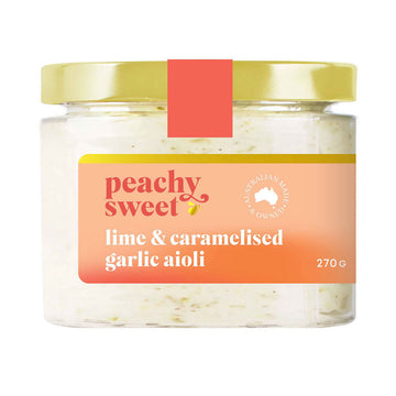 A jar filled with aioli and a label on the front with the text 'Peachy Sweet Lime and Caramlised Garlic Aioli'.