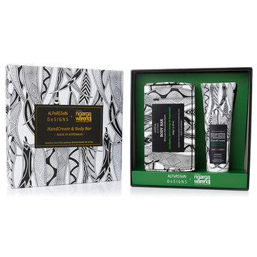 A box set of a body bar and tube of handcream. All items are printed with artwork by Mick Harding in black and white.
