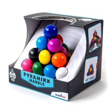 A pyramid toy made up of coloured marbles inside a box with the front cut out.