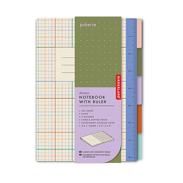 Notebook with ruler and colorful divider sections on a white background