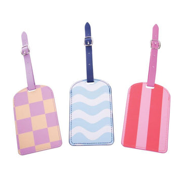 Three luggage tags pictured, each in a different colour and design.