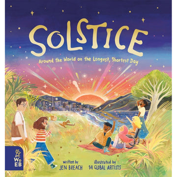 'Solstice' book cover featuring an illustration of people sitting on a rug watching a sunset.