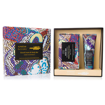 A box set of a body bar and tube of handcream printed with artwork by Elaine Warnatjura Lane.
