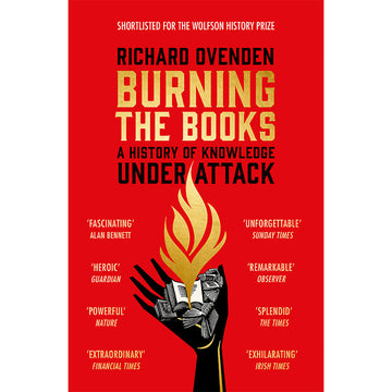 'Burning the Books' book cover featuring a red background with an illustration of a hand holding books with a gold flame above.