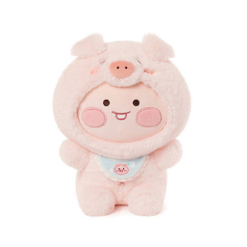 Plush toy of a pink pig character on a white background.