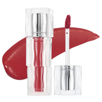 Red lip gloss with applicator on a white background