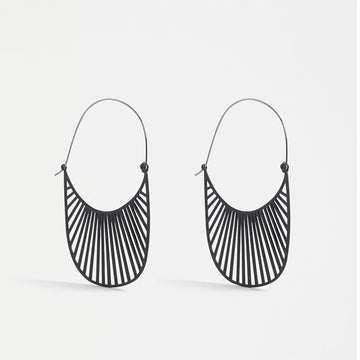 An image of a black pair of hooped earrings with a fan detail at the bottom.