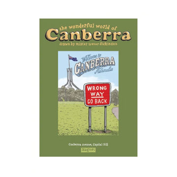 A rectangle magnet illustrated with an image of Parliament House with the sign 'Wrong Way Go Back' in front illustrated by Trevor Dickinson. The magnet is attached to a green card with product information.