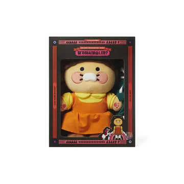 Plush toy in packaging with cartoon character design on a white background.