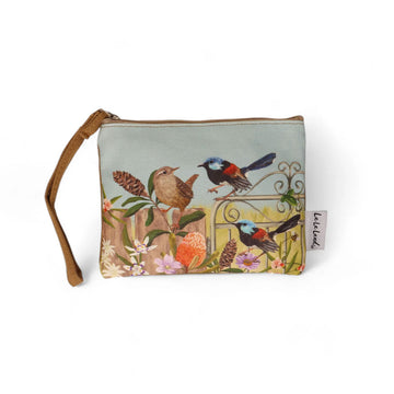 Front view of a cotton coin purse printed with an illustration of three birds and flowers.