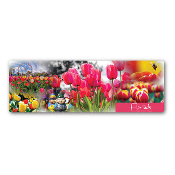 A rectangle magnet with various images of tulips from Floriade merged together.