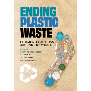 'Ending Plastic Waste' book cover featuring a photo of a human footprint made up of little pieces of garbage in the sand.