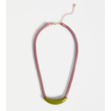 Necklace with pink mesh chain and green pendant on a white background