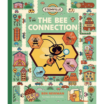 'The Bee Connection' book cover featuring an illustration of a bee talking and holding a magnifying glass in the middle. There is a border of roads with cars and houses around the edge of the cover.