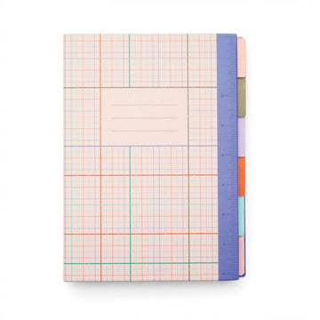 Notebook with ruler and colorful divider sections on a white background