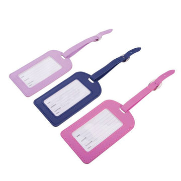 Three luggage tags pictured, each in a different colour and design.