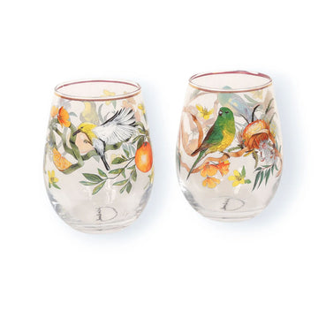 A set of two glass tumblers printed with birds and florals in front of a matching box.