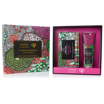 A box set of a body bar and tube of handcream all printed in artwork by Coral Pananka Hayes.