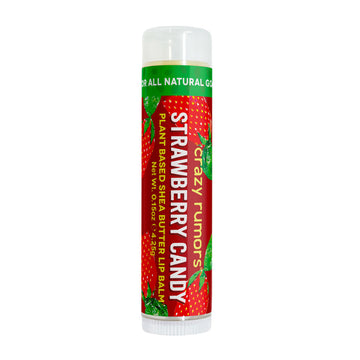 A tube of lip balm illustrated with strawberries and the heading 'Strawberry Candy' on the tube.