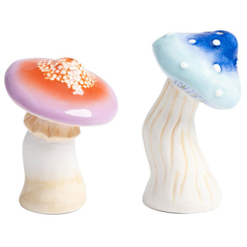 Two colorful mushroom-shaped salt and pepper shakers on a white background.