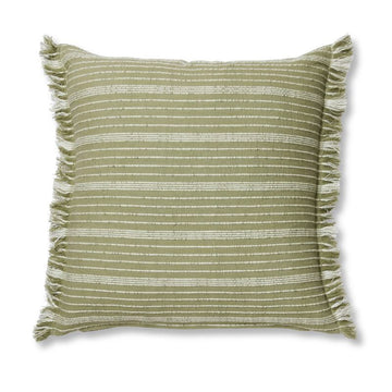A square cushion in green with horizontal white stripes and a fringe edge on the left and right.