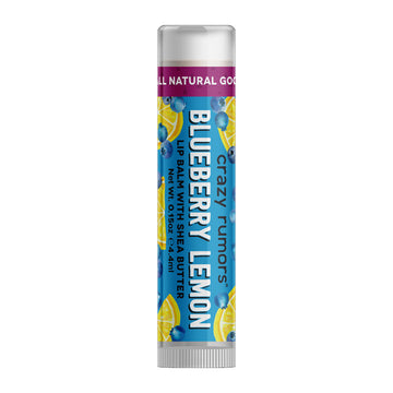 A tube of lip balm with a blue label with the heading 'Blueberry Lemon' and illustrations of blueberries and lemons.