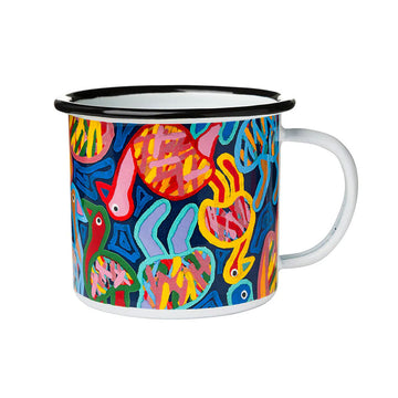 An enamel mug printed with artwork of colourful emus by Thelma Beeton with a black lid.