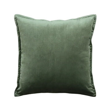 A velvet olive green square cushion.