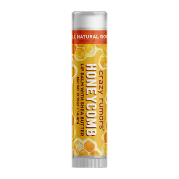 A tube of lip balm with a yellow label and the heading 'Honeycomb' with illustrations of honeycomb.